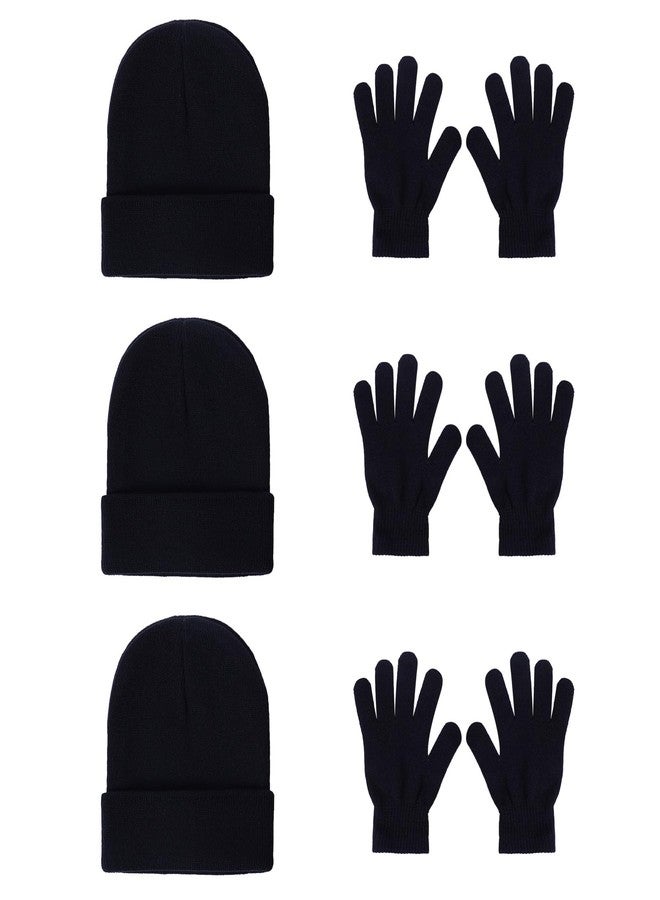 Yymobt 6 Pack Winter Hats and Gloves Beanies Hats and Gloves Set Warm Beanies Hat Elasticity Full Finger Glove for Cold Weather (Black) - Image 1